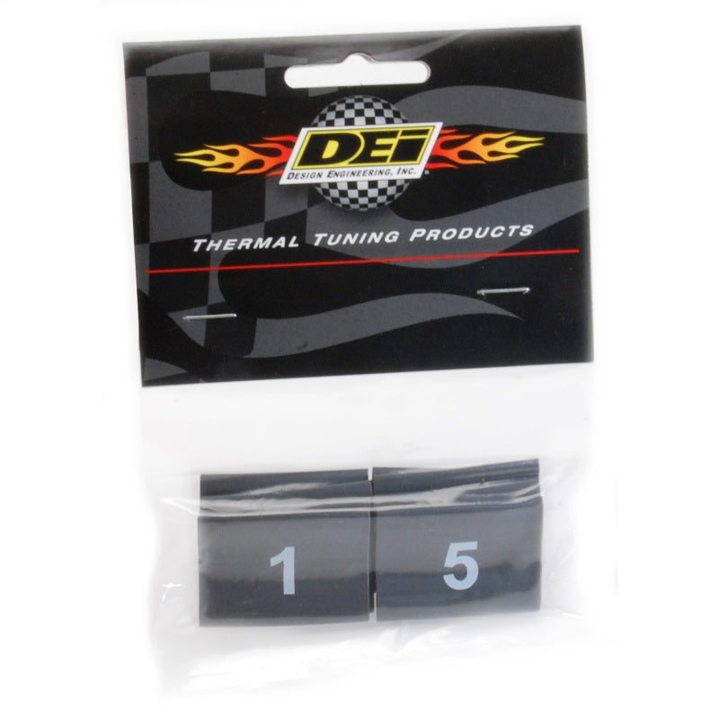 DEI heat shrink wire markers set with numbered black sleeves from 1 to 8, designed for electrical wiring identification.