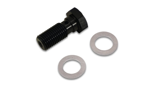 Vibrant banjo bolt fitting with 3/8 inch thread size and 23mm length, used for fluid connections in automotive systems.