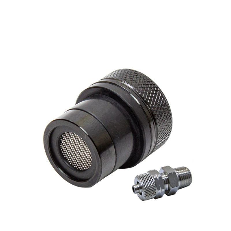 Snow Performance windshield washer reservoir bung fitting with quick connect for automotive windshield washer systems.