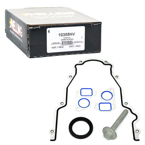 Melling 10355HV Gen IV AFM DOD high volume oil pump for LS 5.3, 6.0, and 6.2 engines, showing the pump's detailed metal construction.