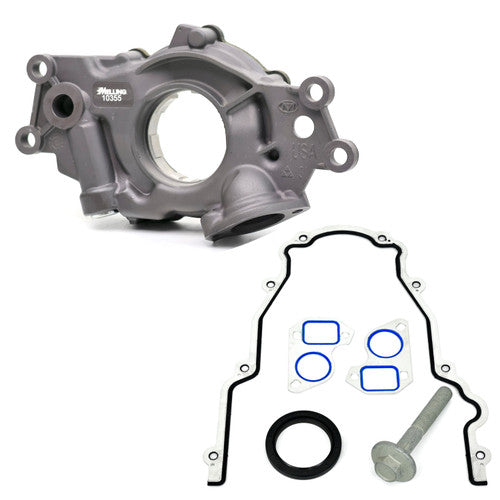 Melling Select Performance high-performance oil pump 10355 showing metal construction with gear mechanism for vehicle engine.