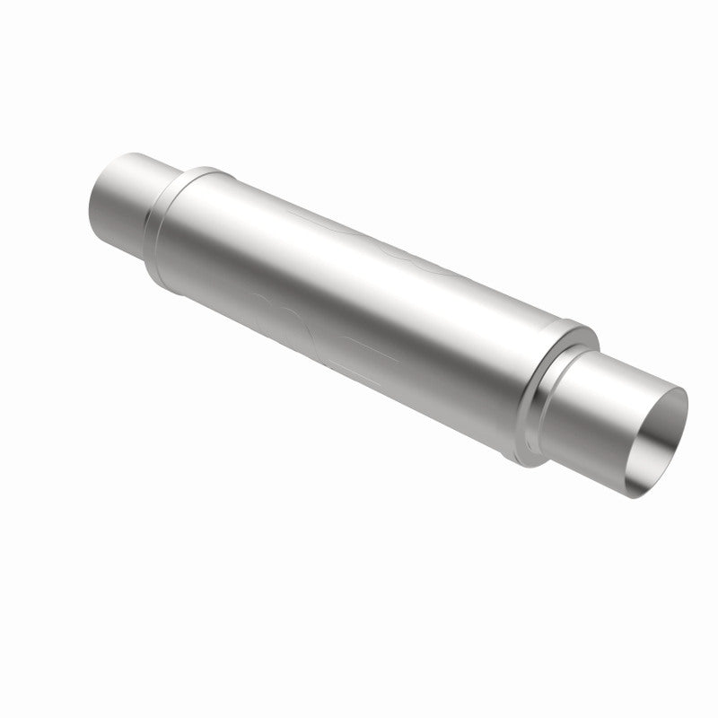 MagnaFlow Mag SS 4X4X14 3 muffler showing a cylindrical stainless steel exhaust component with inlet and outlet pipes.