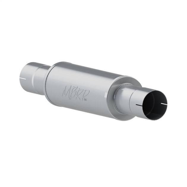 MBRP universal muffler with 4-inch inlet and outlet, 30-inch length, shown in black aluminum finish.