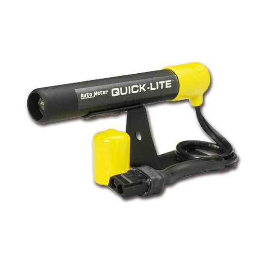 AutoMeter Black Quick-Lite Shift-Lite gauge with illuminated indicator and mounting hardware for precise gear shift alerts.