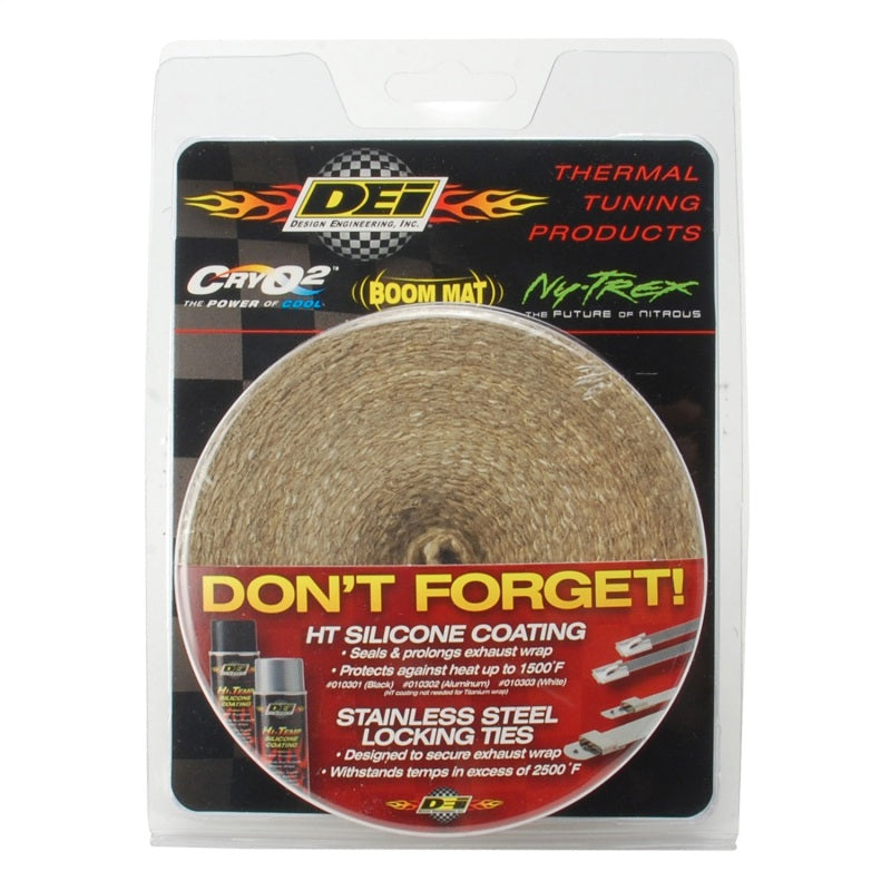DEI exhaust wrap in tan, 2-inch by 25-foot roll, designed to insulate and protect exhaust systems in automotive applications.