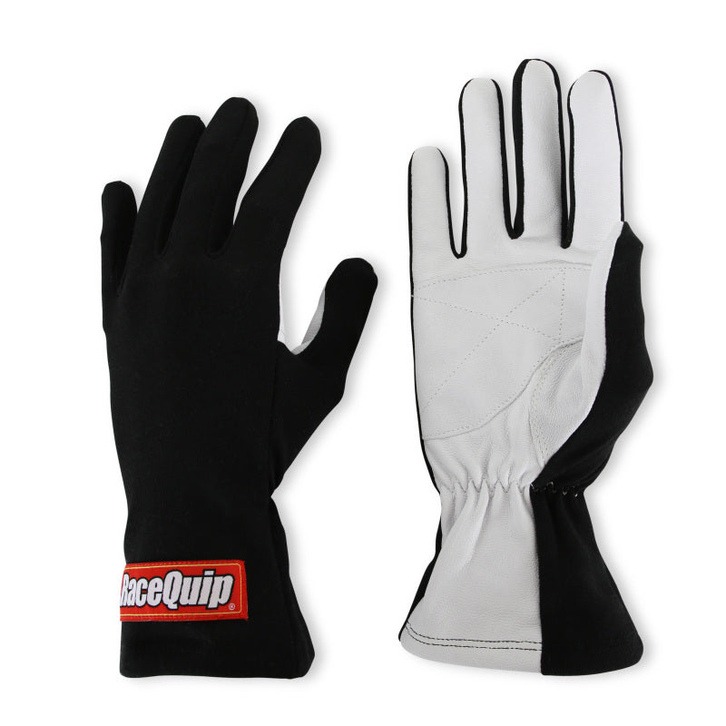 Black RaceQuip Basic Race Glove in medium size, showing snug fit and durable material for racing safety and grip.