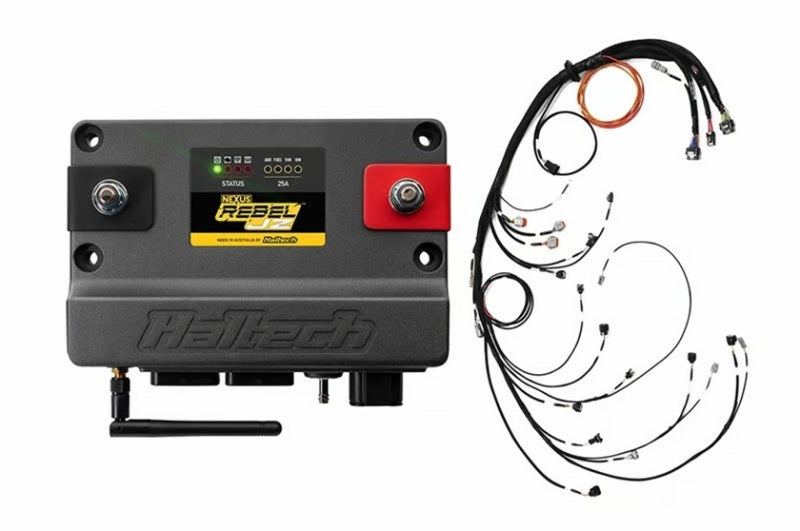 Haltech NEXUS Rebel JZ cable throttle, EV1 injectors, and manual transmission controller for car tuning and programming.