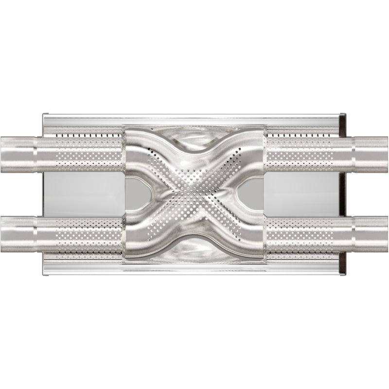 MagnaFlow Mag SS muffler with 18x5x8 inch dimensions, 2.5-inch inlet and outlet pipes, stainless steel construction, automotive exhaust part