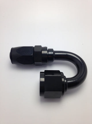 Fragola -8AN 180-degree Pro-Flow black hose end fitting, showing the curved metal coupling with black finish and detailed threading.