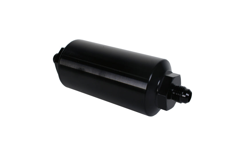 Aeromotive in-line fuel filter with AN-6 male fittings, 40 micron stainless mesh element, bright dip black finish, for automotive use.
