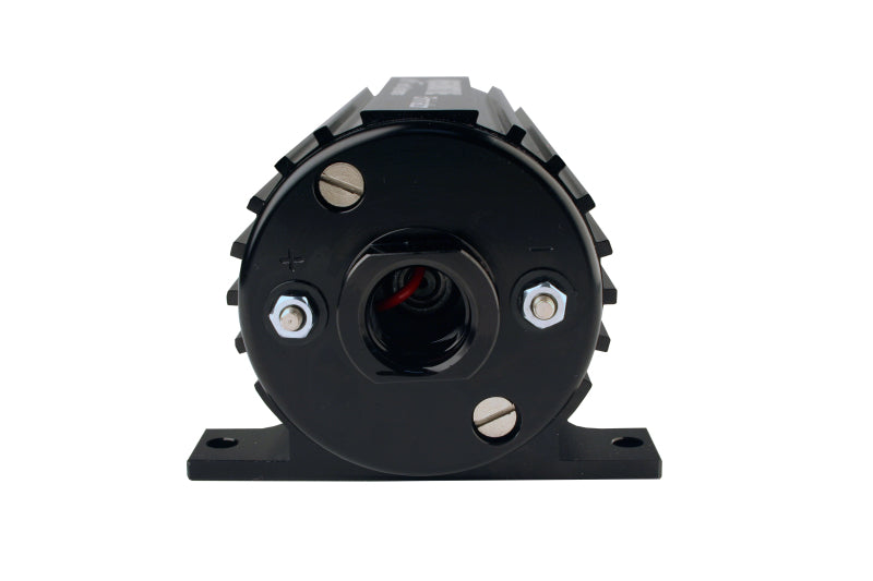 Aeromotive Eliminator-Series fuel pump for EFI and carb applications, showing the compact, black automotive fuel pump with wiring.