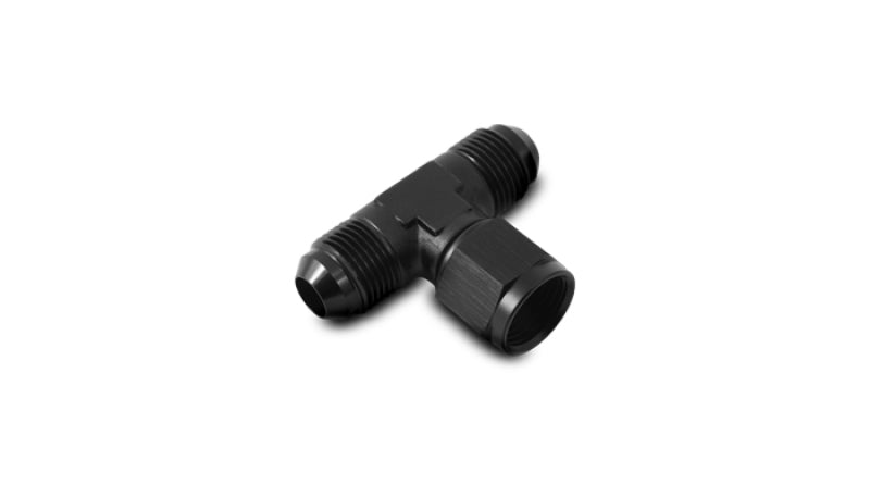 Vibrant -4AN Tee fitting with female swivel side, metal automotive fluid fitting for high-performance applications.