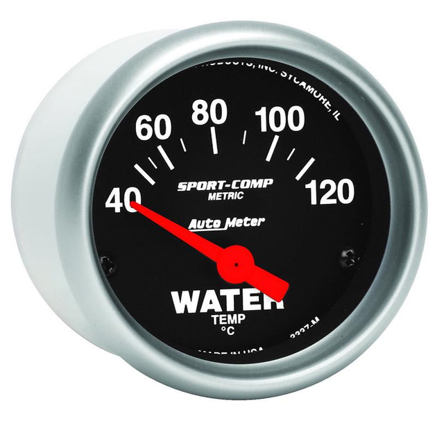 AutoMeter Sport-Comp 52mm electronic water temperature gauge with short sweep, displaying temperature from 40 to 120 degrees.