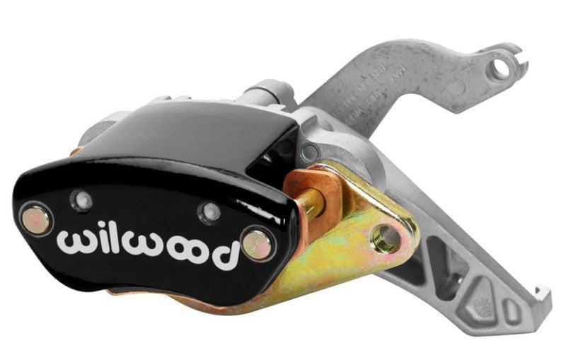 Wilwood black mechanical brake caliper with logo, 1.19-inch piston, for performance disc brakes, shown on a vehicle component.