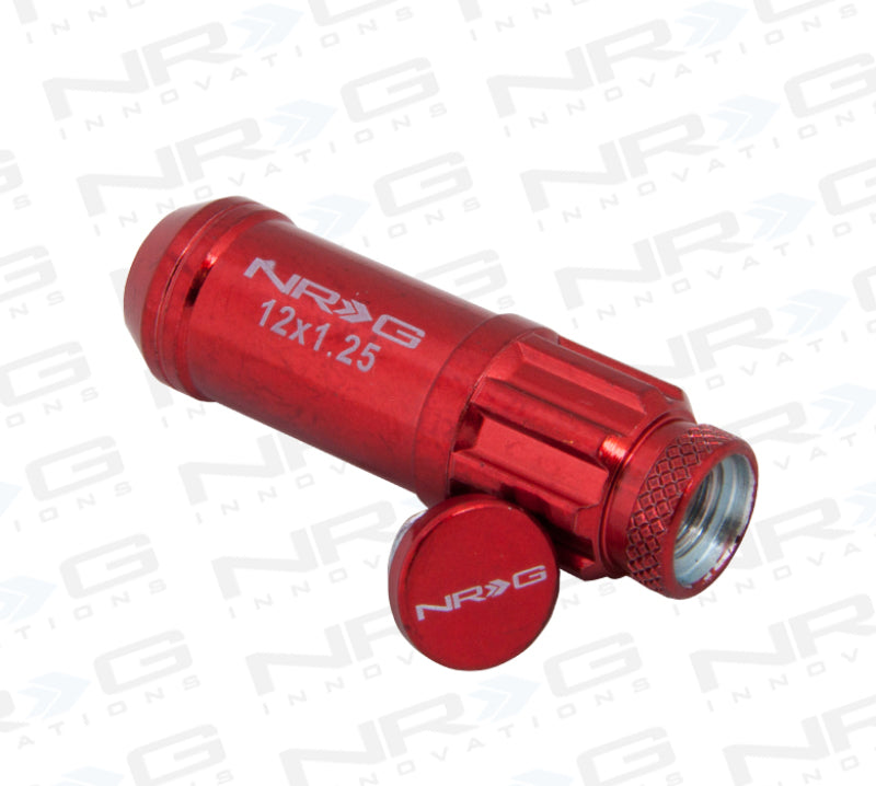 NRG 700 Series M12 x 1.25 steel lug nuts with red dust cap cover set, 21-piece kit with locks and lock socket for vehicle wheels.