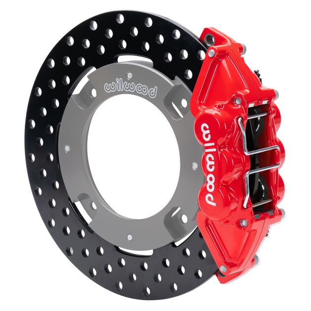 Wilwood 17-21 Can-Am X3RS red 6-piston rear brake kit with drilled rotors and 11.25-inch performance brake calipers.