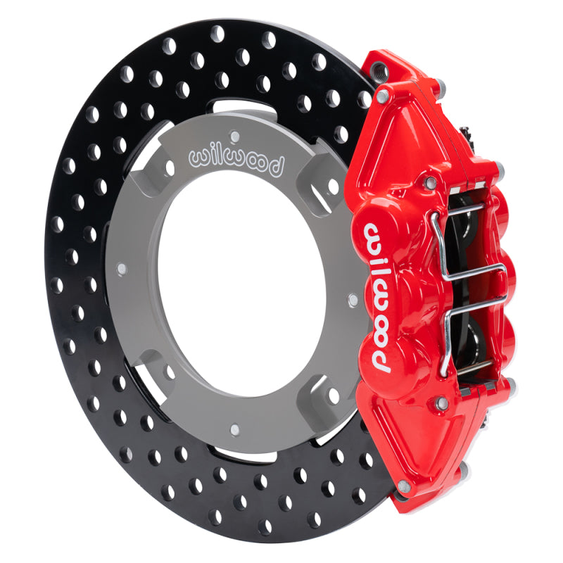 Wilwood 17-21 Can-Am X3RS red 6-piston rear brake kit with drilled rotors and 11.25-inch performance brake calipers.