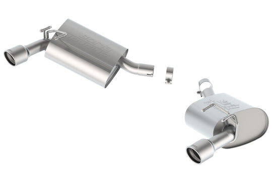 Borla axle back exhaust rear section for 2010 Camaro 3.6L V6, excluding 2013 RS models, with polished stainless steel finish.