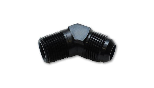Vibrant -10AN to 1/2 inch NPT female swivel 90-degree adapter fitting, metal with threaded connections for automotive or industrial use.