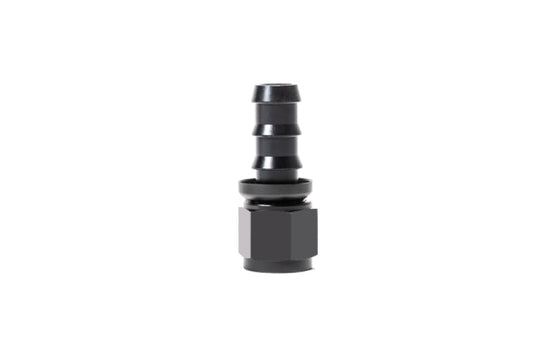 Radium Engineering 8AN straight Pushlok hose end fitting showing metallic construction and secure connection for fuel or oil lines.