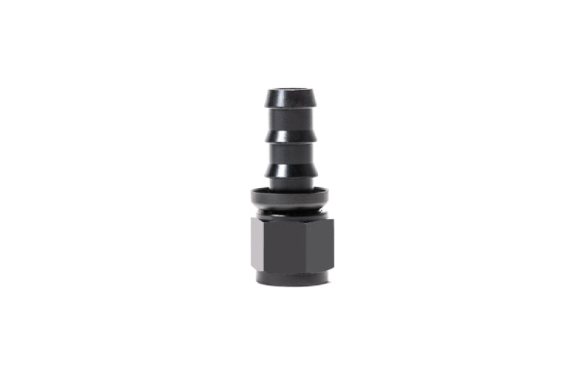 Radium Engineering 8AN straight Pushlok hose end fitting showing metallic construction and secure connection for fuel or oil lines.