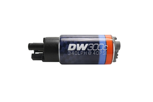 DeatschWerks 340lph DW300C compact fuel pump with visible metal body and electrical connections, designed for automotive use