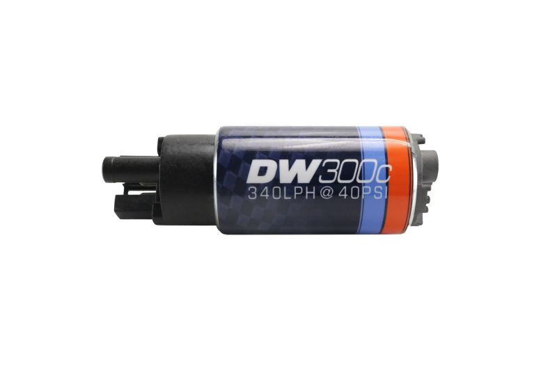 DeatschWerks 340lph DW300C compact fuel pump with visible metal body and electrical connections, designed for automotive use