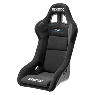 SPARCO EVO L QRT race seat with black upholstery and racing harness slots, designed for high-performance automotive racing.