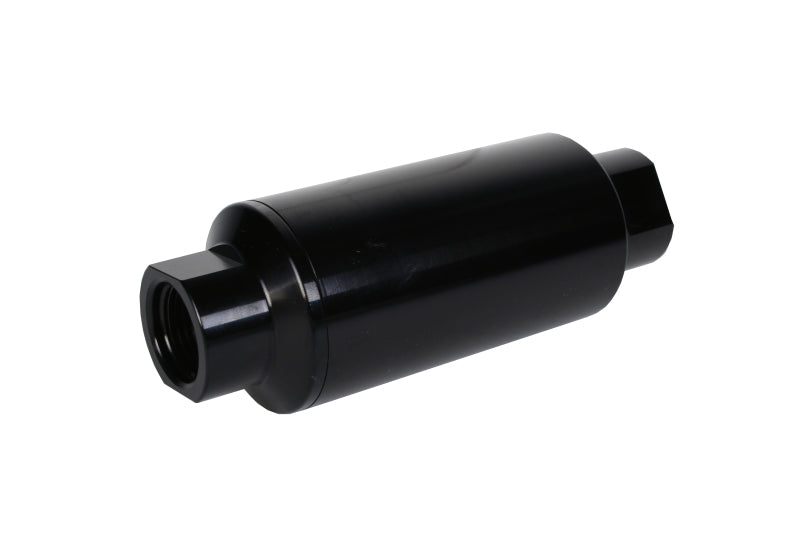 Aeromotive in-line fuel filter with 10AN fitting and 10-micron microglass element in bright-dip black finish, 2-inch diameter.