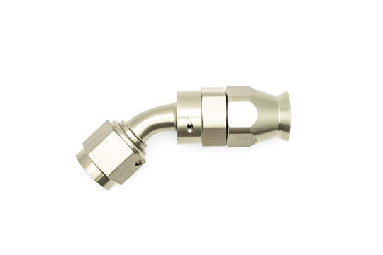 DeatschWerks 6AN female swivel 45-degree hose end fitting with PTFE material and olive insert, used for fuel or oil lines.
