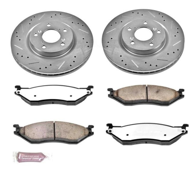 PowerStop front Z36 truck and tow brake rotors with slot and drilled design for Ford F-550 Super Duty.
