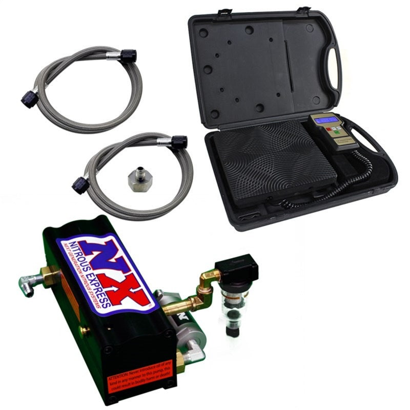Close-up of Nitrous Express Next Generation Pump Station for nitrous bottle accessories, showcasing the detailed hardware and fittings.