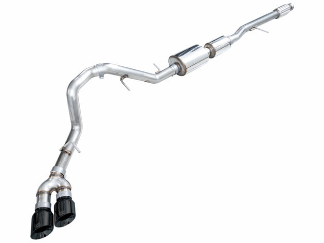 AWE Tuning 2021+ GMC Suburban/Yukon XL 5.3L side exit catback exhaust with diamond black tips, installed on vehicle.