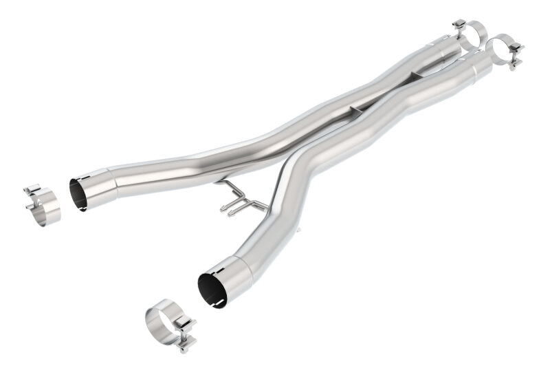 Borla X-pipes for 2014 Chevy Corvette Stingray, smog legal cut and clamp, showing the exhaust pipe components.