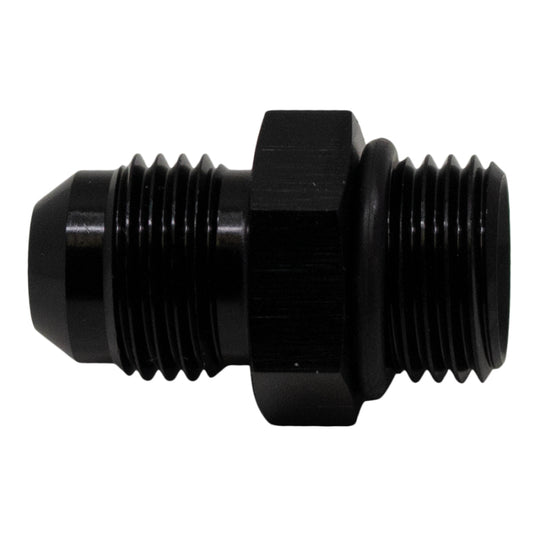 DeatschWerks 6AN ORB male to 6AN male flare adapter fitting with anodized matte black finish and included O-ring.