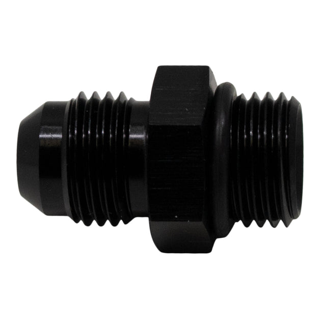 DeatschWerks 6AN ORB male to 6AN male flare adapter fitting with anodized matte black finish and included O-ring.