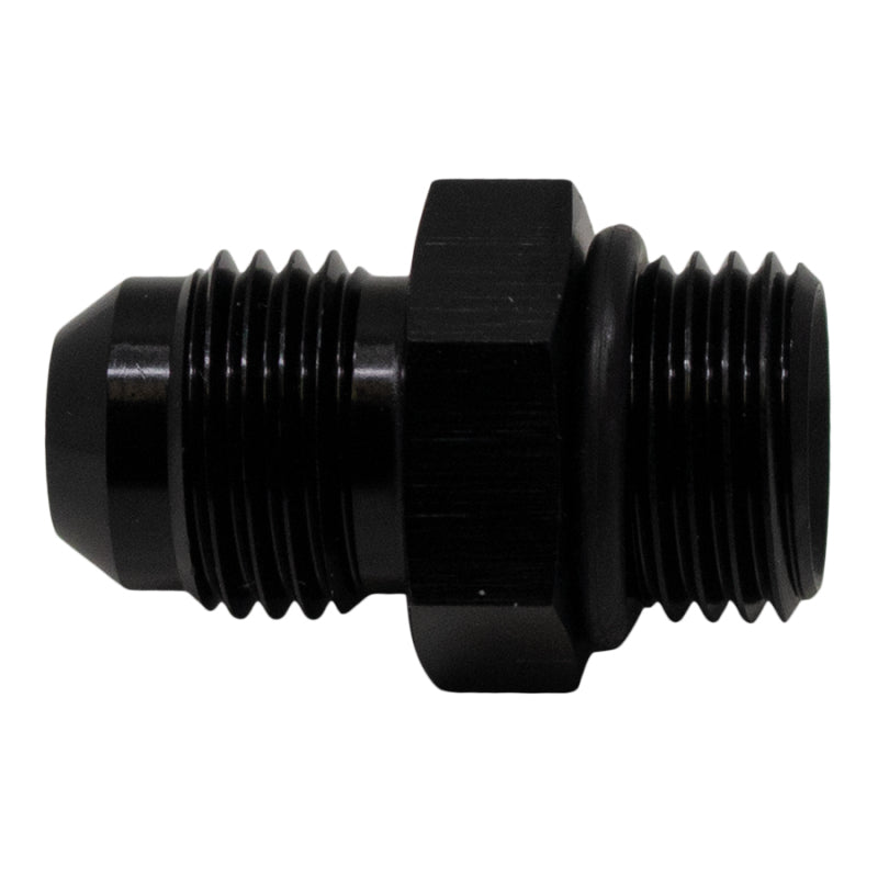DeatschWerks 6AN ORB male to 6AN male flare adapter fitting with anodized matte black finish and included O-ring.