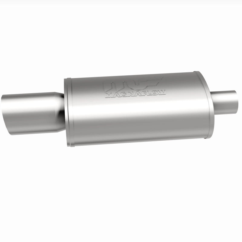 MagnaFlow stainless steel muffler with tip, 14x5x8 inches, suitable for automotive exhaust systems, featuring a polished tip design.