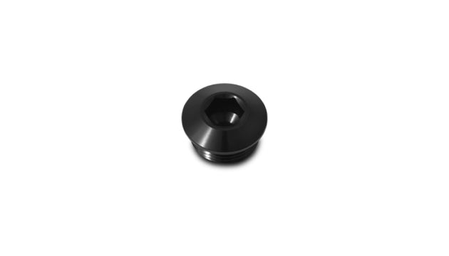 Vibrant low profile ORB port plug for -20 AN fittings, black aluminum with smooth finish, designed for automotive or racing applications.