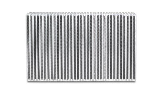 Vibrant vertical flow intercooler measuring 22 inches wide, 14 inches high, 4.5 inches thick with colorful fins and metal end tanks.