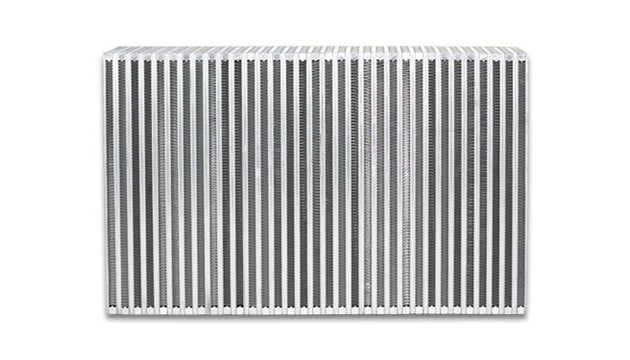 Vibrant vertical flow intercooler measuring 22 inches wide, 14 inches high, 4.5 inches thick with colorful fins and metal end tanks.