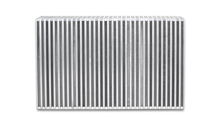 Vibrant vertical flow intercooler measuring 22 inches wide, 14 inches high, 4.5 inches thick with colorful fins and metal end tanks.