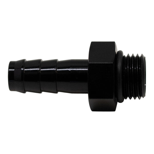 DeatschWerks 6AN ORB male to 3/8 inch male triple barb fitting with O-ring, matte black anodized finish, automotive fuel line fitting