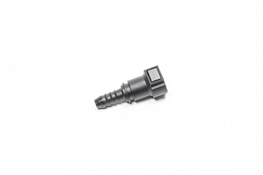 Radium Engineering 3/8-inch SAE female to barb quick connect fitting, metal fitting for fluid connections, shown in close-up.