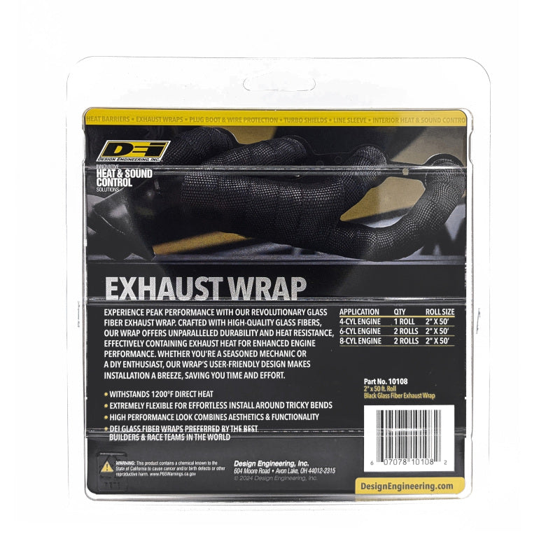 Black DEI Exhaust Wrap 2in x 50ft, heat-resistant fabric for automotive exhaust systems, shown coiled and ready for installation.