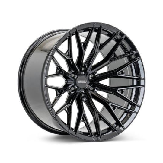 Vossen HFX-6 forged wheel in gloss black, 22x12 inches, 8x180 bolt pattern, ultra deep face with ET-44 offset.