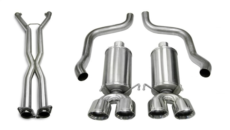 CORSA Performance Axle-Back Xtreme exhaust system showing polished stainless steel tips and dual exhaust pipes.