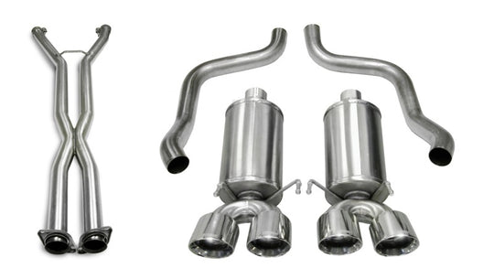 CORSA Performance Axle-Back Xtreme exhaust system showing polished stainless steel tips and dual exhaust pipes.