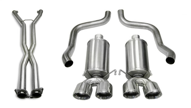 CORSA Performance Axle-Back Xtreme exhaust system showing polished stainless steel tips and dual exhaust pipes.