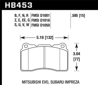 Hawk ER-1 front racing brake pads for Subaru Evo, STI, and Camaro SS with Brembo brakes, showing the brake pad surface and branding.